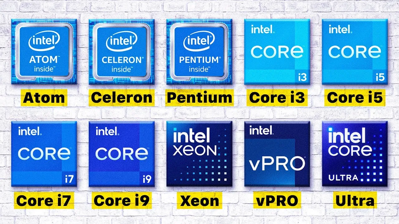 Logos de las familias Intel: Atom, Celeron, Pentium, Core i3, i5, i7, i9, Xeon, vPro y Core Ultra